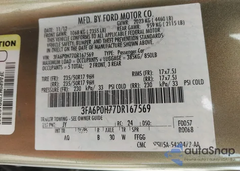 2013 Ford Fusion Se z USA, uszkodzony, nr VIN 3FA6P0H77DR167569